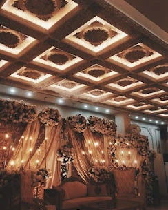 Warm coffered ceiling with hanging lights