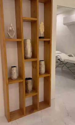 Wooden decor shelving with vases